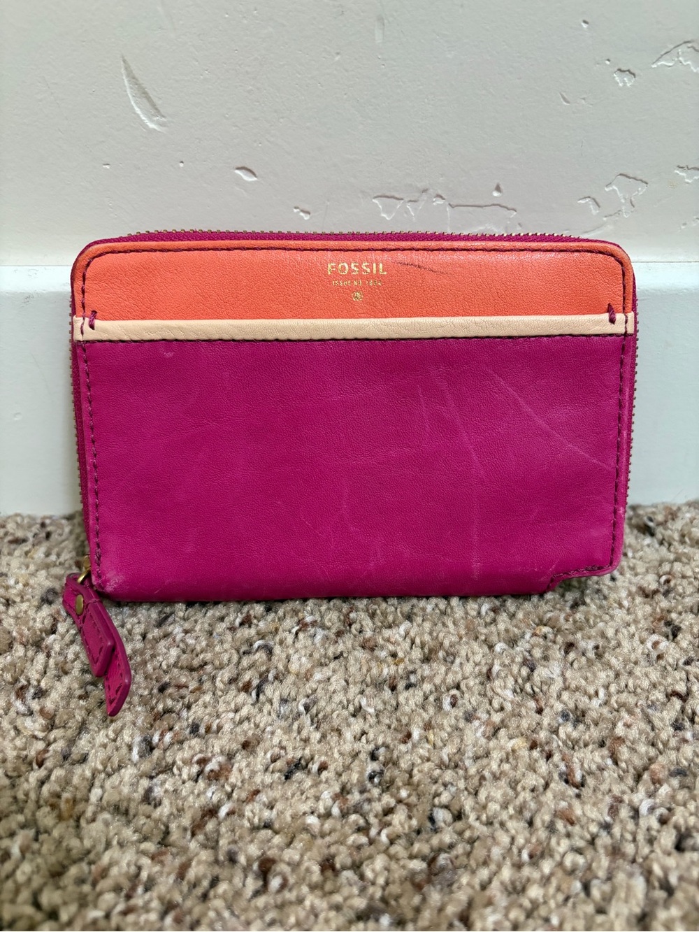 Fossil Color Block Leather Zip Around Wallet Pink Orange